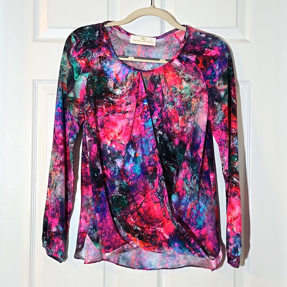 Amanda Uprichard Purple Blue Pink Silk Crossover Blouse Size Small